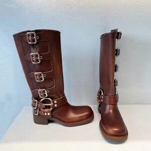 Womens Buckle Knee High Boots Pull On Boot Leather Retro Riding Punk Block Heels