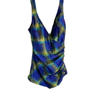 Beach Bay Vintage One Piece Swimsuit Blue Plaid, NEW, Tummy Control , Size 14 - Picture 1 of 5