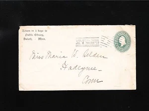 Public LIbrary Duluth Minnesota 1897 Machine Cancel 2c PSE Cover M Selden CT 2x - Picture 1 of 1