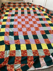 Vtg Handmade Polyester Patchwork Squares Quilt XXL Unfinished Topper w/ Shams - Picture 1 of 8