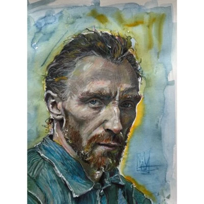 Original Watercolor Portrait Vincent Van Gogh Painting Art 9x12" - Image 1 of 2