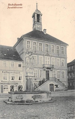 Carte postale Bischofswerda fontaine café blanc boulangerie 1915 - Photo 1/2