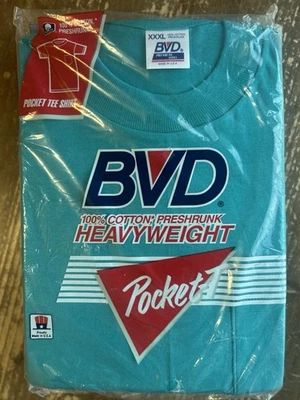 NOS Vintage 90s BVD Preshrunk Heavyweight Green Pocket Cotton T Shirt USA 3XL - Image 1 of 4