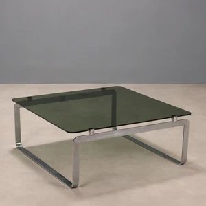 Vintage Coffee Table Chromed Metal Smoked Glass Design 1970s Original - Picture 1 of 9