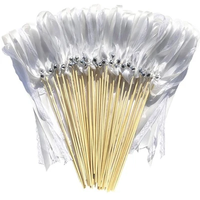 50 Pack White Lace Ribbon Wands Wedding Streamers with Silver Bells, Silk Fai... - Image 1 of 4