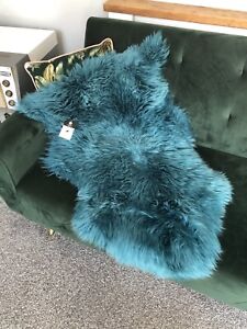 Genuine Real Sheepskin Rug Teal Turquoise Blue Premium Throw Silky Large