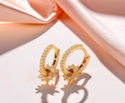 Gold Star Huggies Earrings, Removable CZ Hoop Earrings, Celestial Sun Design. - Image 1 of 4