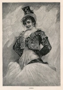 1902 Engraving CARMEN Romani woman sassy Gypsy, 1892 vintage B&W art print - Picture 1 of 3
