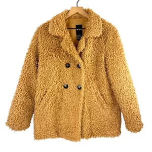 Me Jane Teddy Coat Womens 16 Plus Size Faux Fur Button Up Hip Length Tan 90s Y2K - Picture 1 of 11
