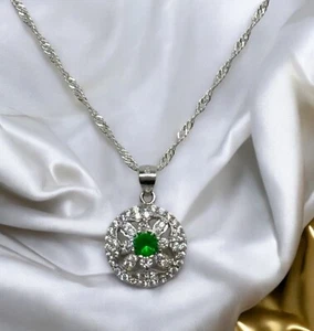 Sterling Silver Plated Simulated Emerald And Diamonds Pendant On Chain 18” - Picture 1 of 5