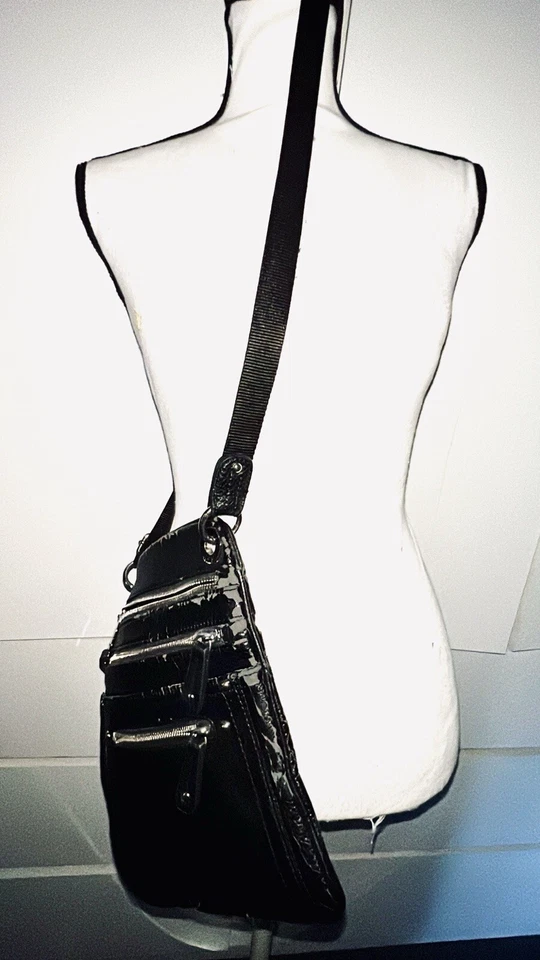 TYLER RODAN 10"X9" MULTI ZIPPER POCKET BLACK FAUX LEATHER WEATHERED CROSS BODY  - Image 1 of 4