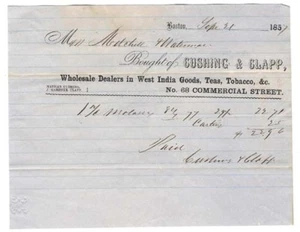 Cushing & Clapp Billhead 1857 Boston Mass. MA West India Goods tè tabacco - Foto 1 di 2