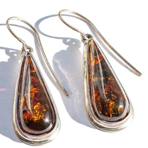 925 Solid Sterling Silver Green Baltic Amber Drop Designer Beautiful Earrings - Picture 1 of 3
