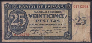 BILLETE ESPAÑA 25 PESETAS 1936 BURGOS - SIN SERIE - BC+ - Imagen 1 de 2