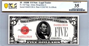 $5 1928-B Legal Tender "RED SEAL" PCGS 35 CHOICE VF Fr. 1527 - Picture 1 of 3