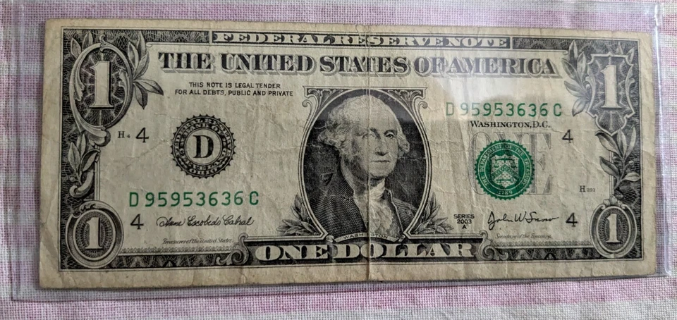 2003A $1 dollar bill, paired SN D95953636C, circulated, poor - Image 1 of 1