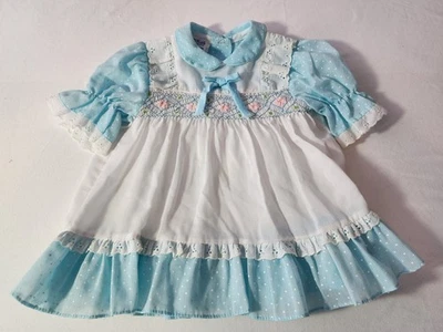 Vestido de Colección Polly Flinders Niña Pequeña Azul Blanco Bordado Calado a Mano T2 2T Foto 1 de 4