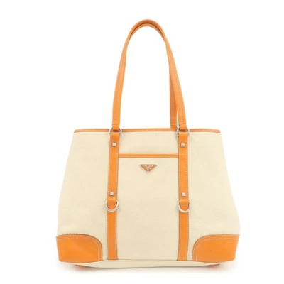 PRADA треугольник логотип холст кожаная сумка с короткими ручками натуральный оранжевый BR2920 подлинный б/у F/S - Изображение 1 из 4