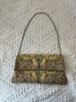 OKPTA Vintage Yellow Damask Pattern Purse Handbag Silver Chain - Image 1 of 4