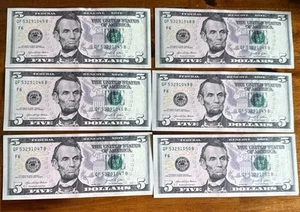 NEW 2021 Five Dollar Bills $5 Sequential Federal Reserve Bank Notes (Lot of 6) - Picture 1 of 8