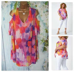 ROMAN TOP SIZE 22/24, Pink Orange Cold Shoulder occasion stretch Tunic Top - Picture 1 of 10