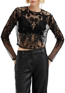 AllSaints Women's Greta Embroidered Mesh Top, Black US 2 - Picture 1 of 5