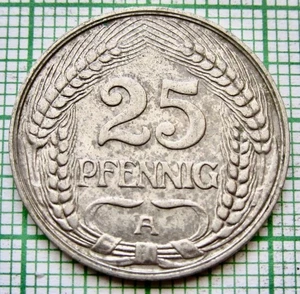 GERMANY Empire Kaiserreich Wilhelm II 1910 A 25 PFENNIG, Nickel km# 18 - Picture 1 of 6
