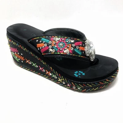 Chinelos femininos Montana West strass bordado cruz tamanho 9 plataforma cunha - Imagem 1 de 4