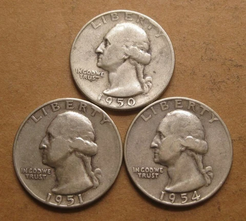 1950 1951 1954 S Quarters - San Francisco Mint - Lot of 3 Circulated 90% Silver Cover