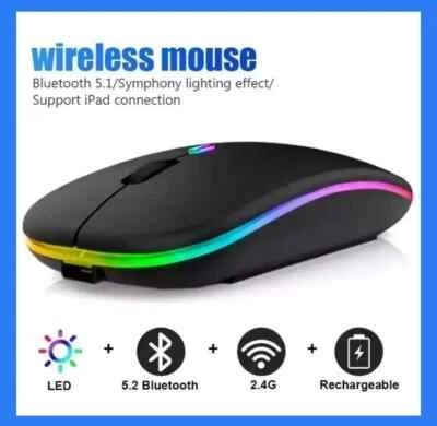Wireless Mouse Bluetooth Optical 2.4GHz USB Rechargeable RGB Mice for PC Laptop - Image 1 of 4