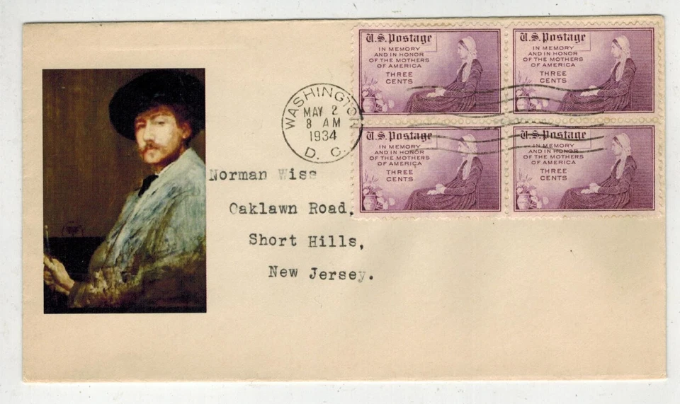 1933 SIGNED HPS ADDON FDC 737 MOTHER'S DAY ARTIST JAMES WHISTLER BLOCK OF 4 - Image 1 of 1
