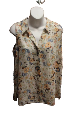 Mystree Ivory Orange Blue Floral Hi-Lo Sleeveless Button Down Blouse XL - Image 1 of 4