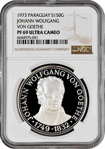 Paraguay 150 guaranies 1973, NGC PF69 UC, "Johann Wolfgang von Goethe" TopPop2/0 - Picture 1 of 2