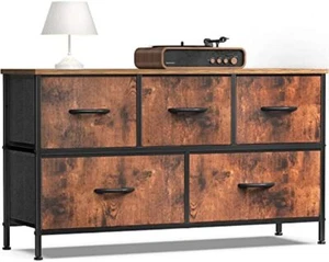 Brown 5 Drawers Dresser for Bedroom Wood Top Organizer Fabric Storage Drawers - Picture 1 of 7