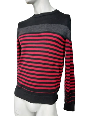 CALVIN KLEIN Black Charcoal Red Stripe Merino Wool Crew Neck Sweater sz S NWT$90 - Image 1 of 2