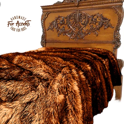 Faux Fur Bedspread Throw Blanket, Red Brown Wolf Fur, Minky Lining Handmade USA - Image 1 of 2