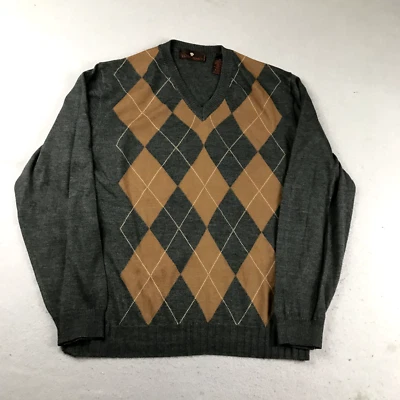 Toscano Sweater Mens Medium Gray Brown Woolen Argyle Diamond V Neck Pullover - Image 1 of 4