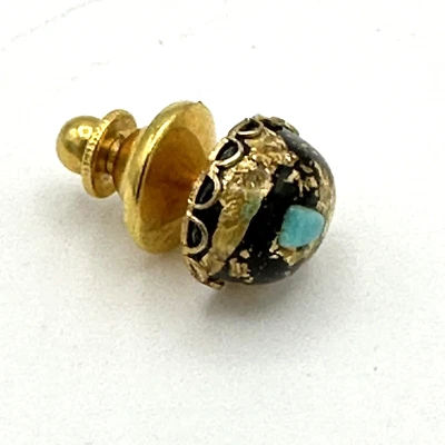 TURQUOISE & gold flake tie tack  - vintage 1/2" oval resin gold-tone pin - Image 1 of 4