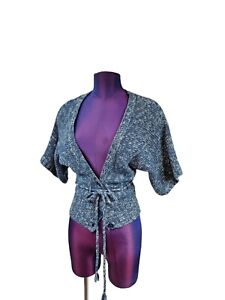 Love Rocks Y2K Cropped Cardigan Sweater Heather Blue Dolman Sleeve Small E62
