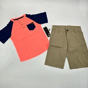 American Hawk Coral and Navy Kids' T-Shirt with Khaki Shorts 2 Pc Set Size 5/6 - Picture 1 of 4
