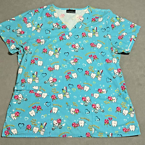 Cherokee Scrub Tops Womens 2XL Dental Heart Candy All Over Print with Pockets