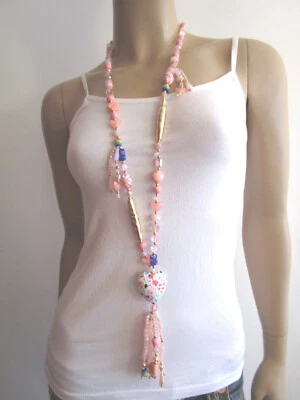 Modekette Damen Hals Kette Bettel Lagenlook Gold Rosa Herz Quaste Ibiza Boho NEU - Bild 1 von 4