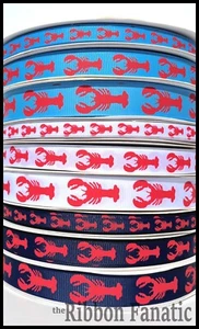 3yds Red Lobsters on Navy White or Blue 3/8" or 5/8" or 7/8" Grosgrain Ribbon - Picture 1 of 1