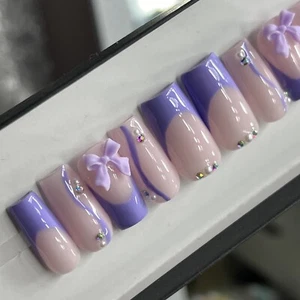 ๐ CUSTOM Press On Nails FRENCH PURPLE W BOW PEARLS BLING 10p SET W Kit - Picture 1 of 11