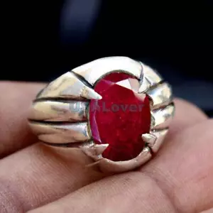 Solid 925 Sterling Silver Natural Ruby Corundum Gemstone Signet Gift Men's Ring - Picture 1 of 12