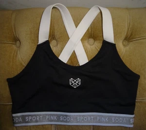 PINK SODA SPORT black logo slogan white heart racerback gym sports bra SIZE 12 - Picture 1 of 4
