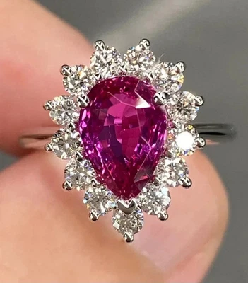3.75 Ct Pear Cut Pink Sapphire Diamond Engagement Ring 14K Solid White Gold - Image 1 of 4