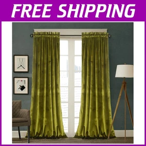 Olive Green Rod Pocket Velvet Curtains - 52x108, Set of 2 - Picture 1 of 11