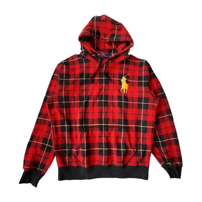 Polo Ralph Lauren Hoodie Mens Medium Red Black Big Pony Plaid Tartan Sweatshirt - Image 1 of 4