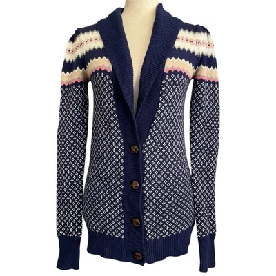 Cárdigan Suéter Roxy Fair Isle Talla S Azul Chal Cuello Heritage Coastal Preppy Foto 1 de 4